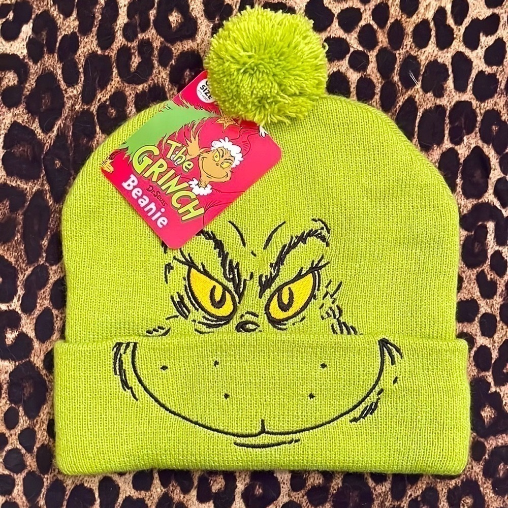 Brand New The Grinch Knit Pom Embroidered Hat Green Christmas Novelty Beanie